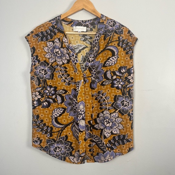 Anthropologie XS Corey Lynn Calter Mustard Gold Purple Floral Gia Blouse Top - Picture 1 of 6
